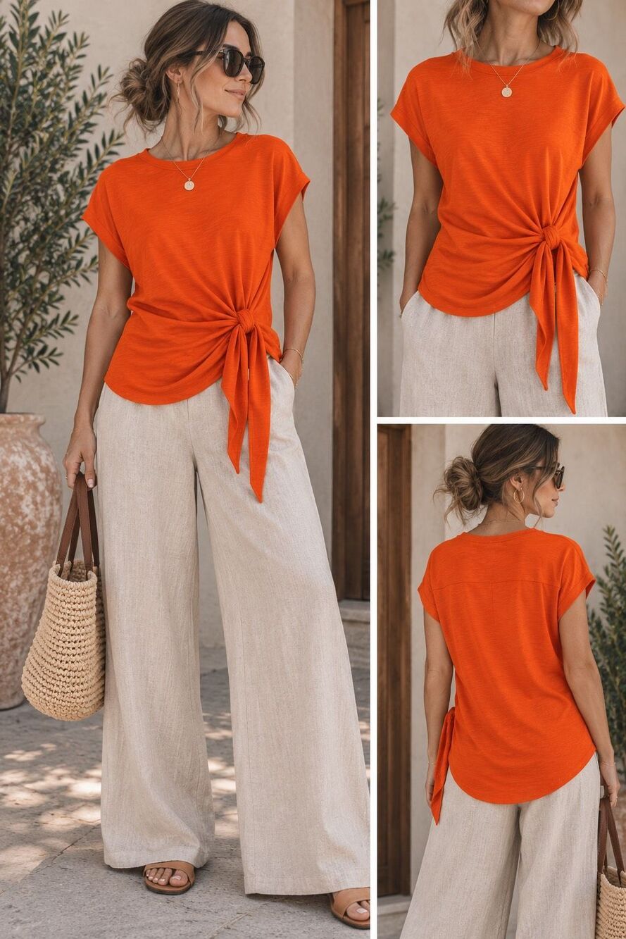 Apiece Apart Nina Cinched Top XL Orange Organic Cotton Asymmetrical Coastal Sust
